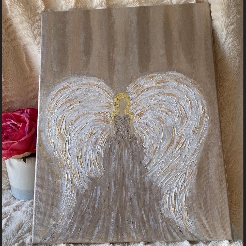 12x16 Hand painted mixed media Angel painting on canvas neutrals gold metallic - Picture 8 of 17
